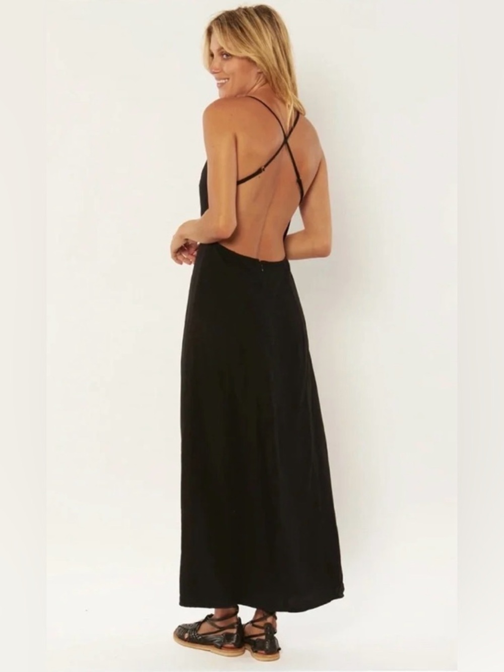 Amuse Society Sahara Woven Linen Blend Maxi Dress Black Halter Top Size Small - Picture 8 of 8
